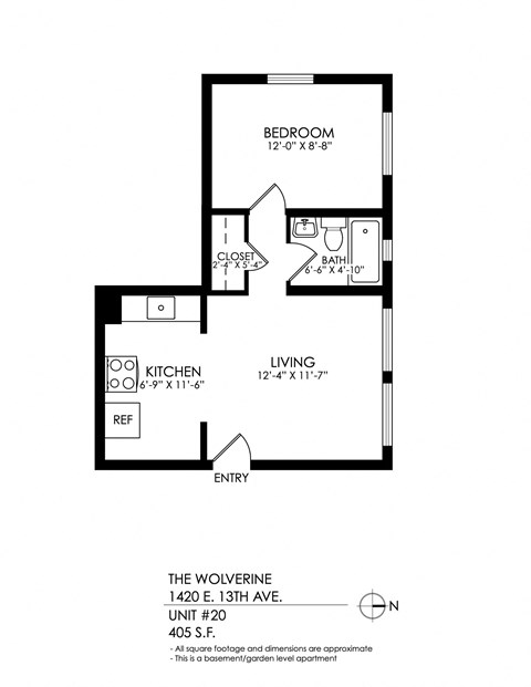 Floor plan for 1 bed, 1 bath, 405 sqft